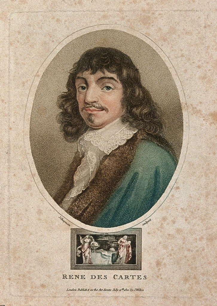 René Descartes. Coloured stipple engraving